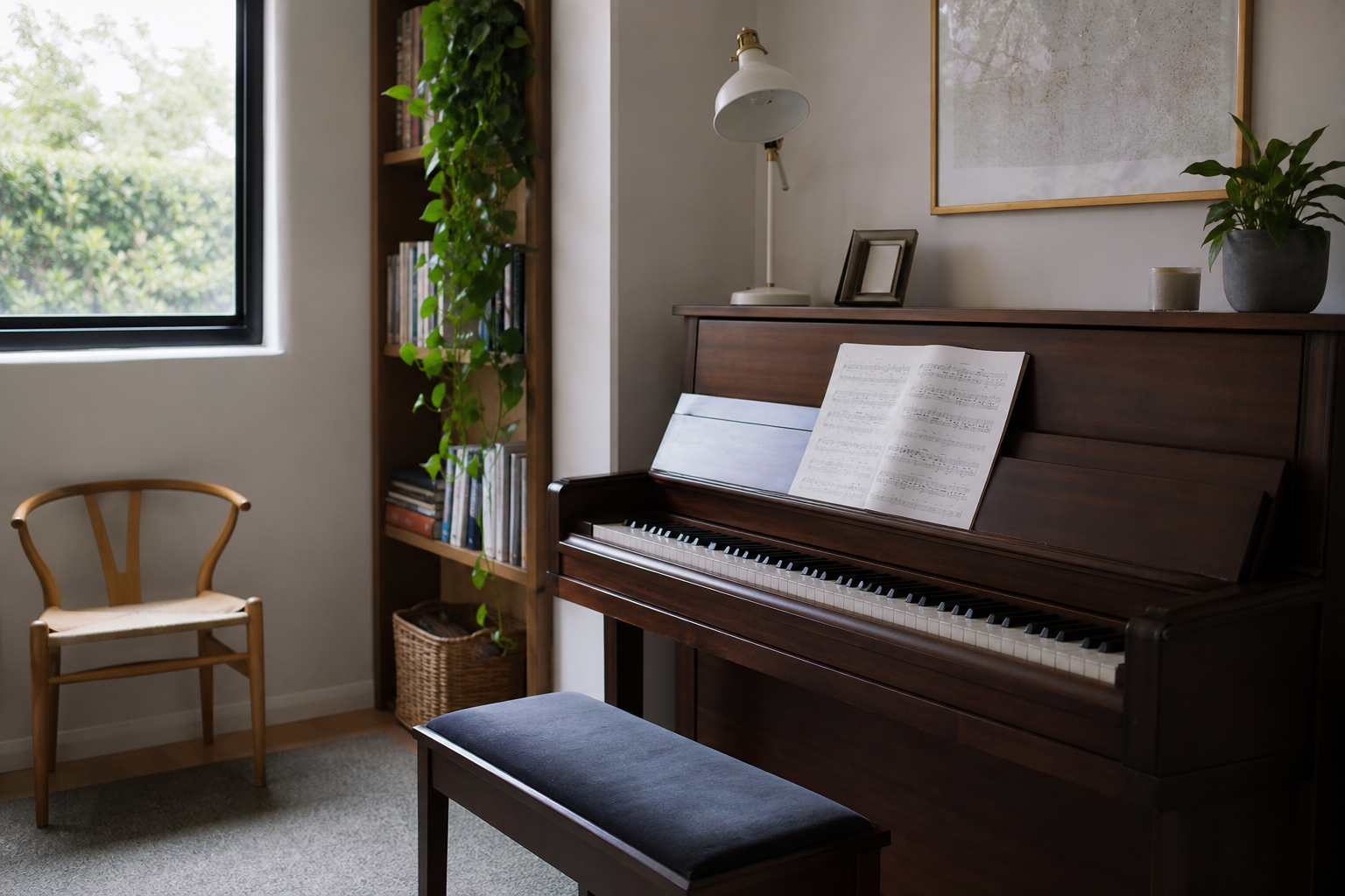 Upright piano in a warm studio room