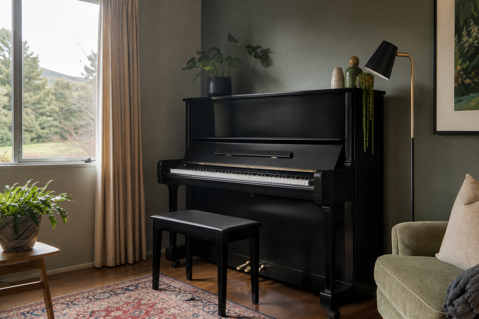 Black upright piano beside a window with ivory curtains